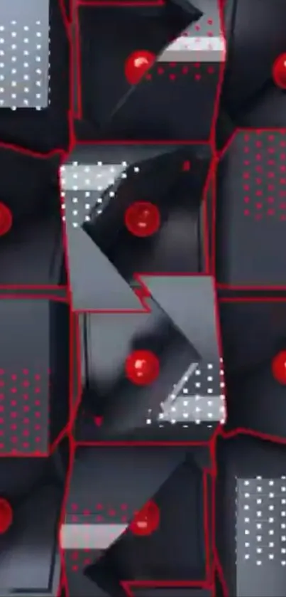 Geometric red and black wallpaper with dots and lines design.