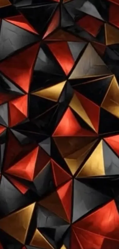 Geometric pattern wallpaper with red, black, and gold triangles.
