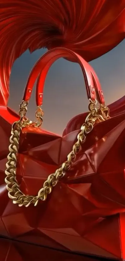 Red handbag with geometric pattern and gold chain in artistic style.