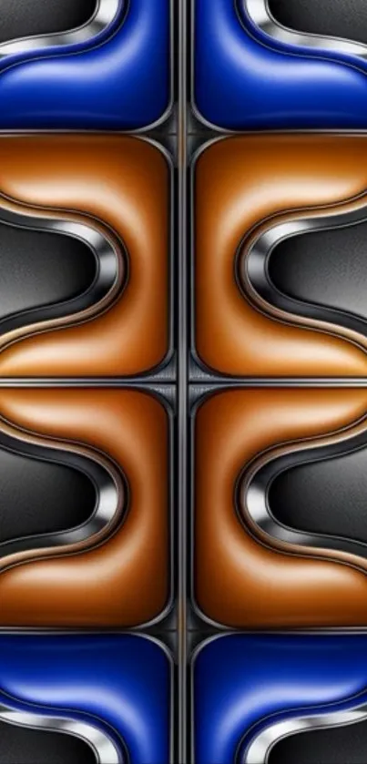 Geometric retro wallpaper with blue and orange waves.