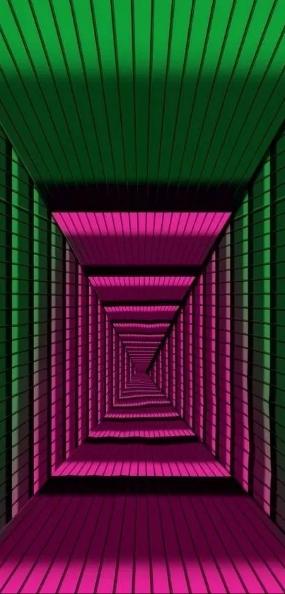 Vibrant geometric neon wallpaper with green and pink accents in a tunnel design.