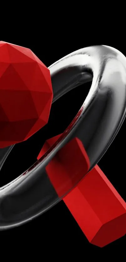 Abstract geometric shapes in red and silver on a black background wallpaper.