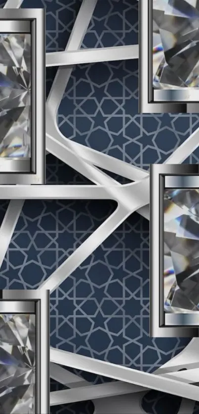 Geometric silver and blue pattern wallpaper with crystal elements.