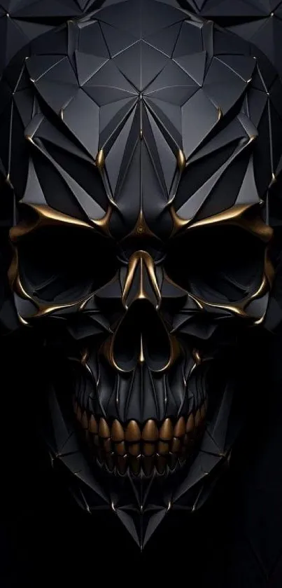 Geometric skull with golden accents on dark background.