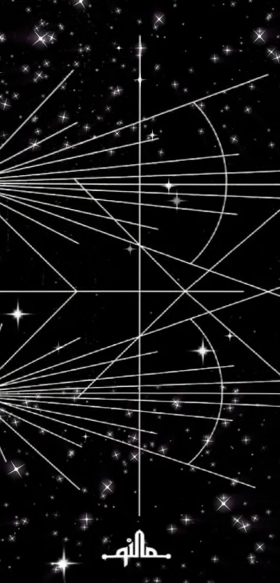 Black and white geometric space art wallpaper with starry elements.