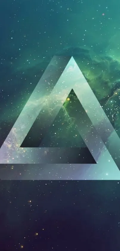 Geometric triangle in a vibrant galaxy space background for mobile wallpaper.