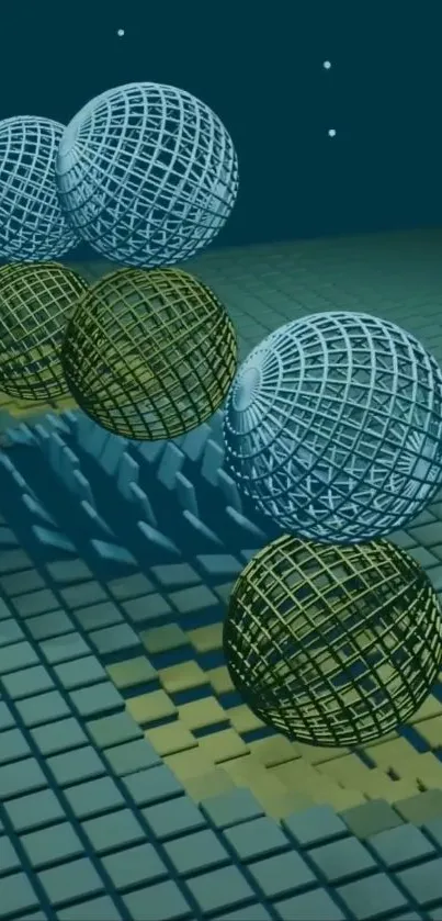Geometric spheres and tiles in a modern art wallpaper.