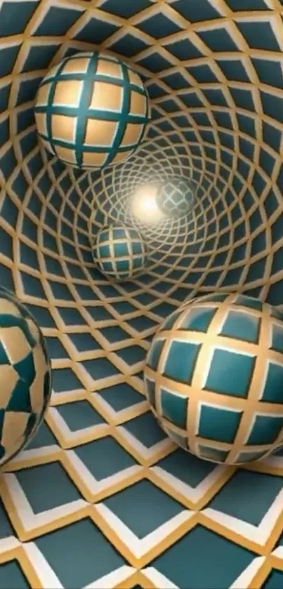 Geometric spheres creating a tunnel effect with teal accents.