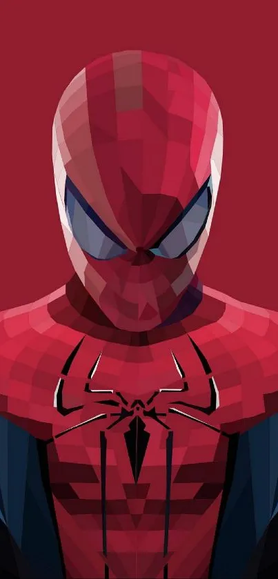 Geometric superhero with red and blue costume on crimson background.