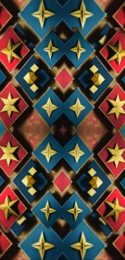 Geometric star pattern with blue, red, and gold colors.