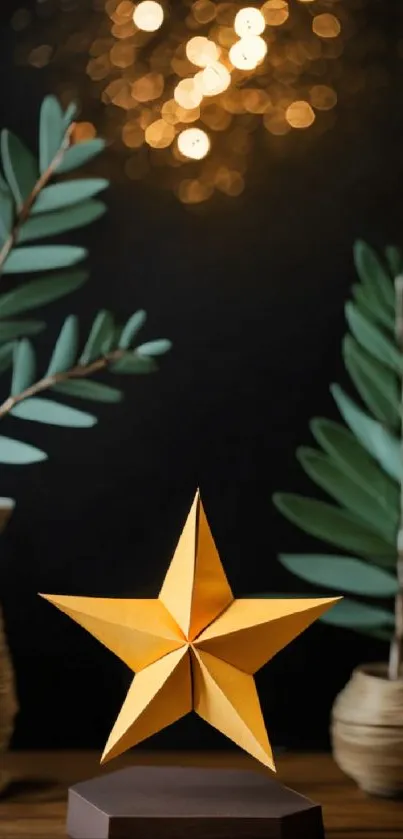 Geometric star with leafy backdrop and bokeh lighting.