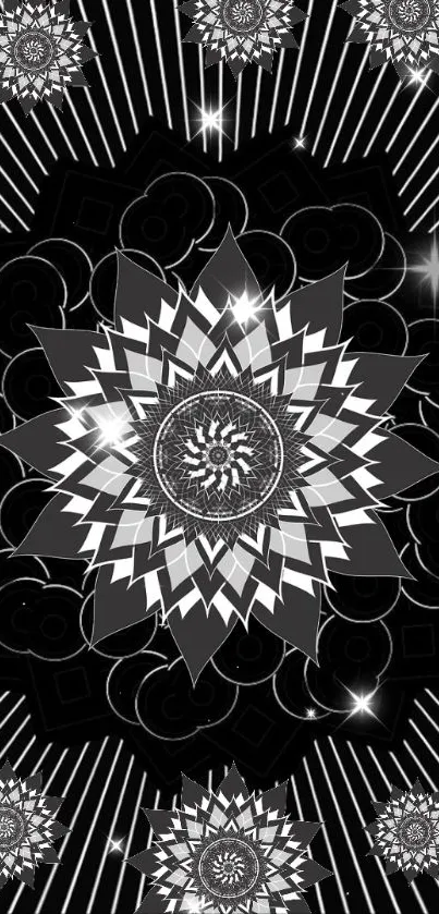 Intricate geometric starburst design in black and white for mobile wallpaper.