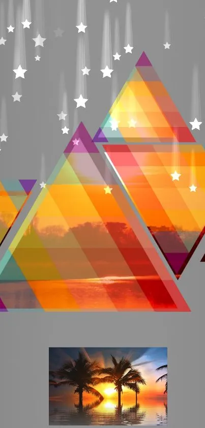 Elegant geometric design with sunset and lake silhouette in orange hues.