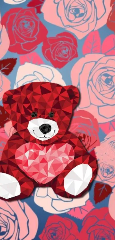 Geometric teddy bear with red roses on wallpaper.