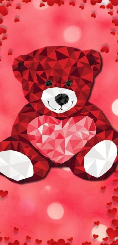 Geometric teddy bear on red background with hearts.