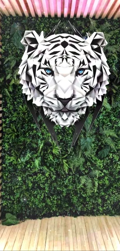 Geometric white tiger head on lush green background.