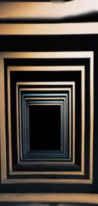 Geometric tunnel wallpaper with bold, concentric black and beige frames.