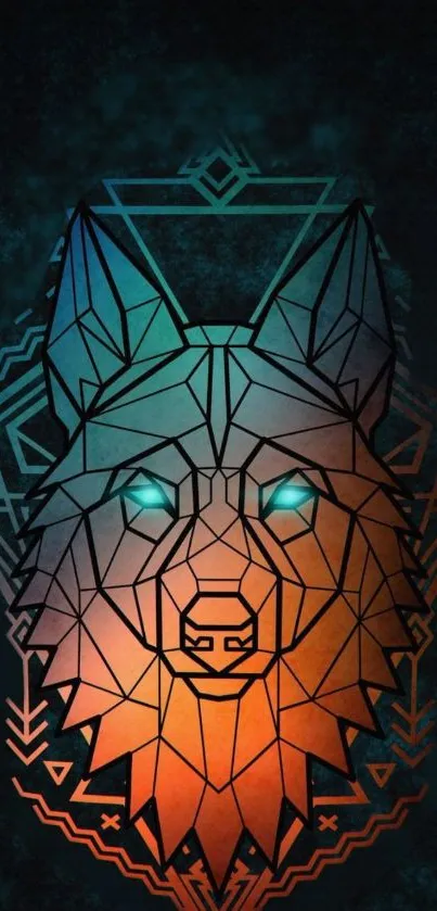 Colorful geometric wolf art wallpaper with a mystical vibe.