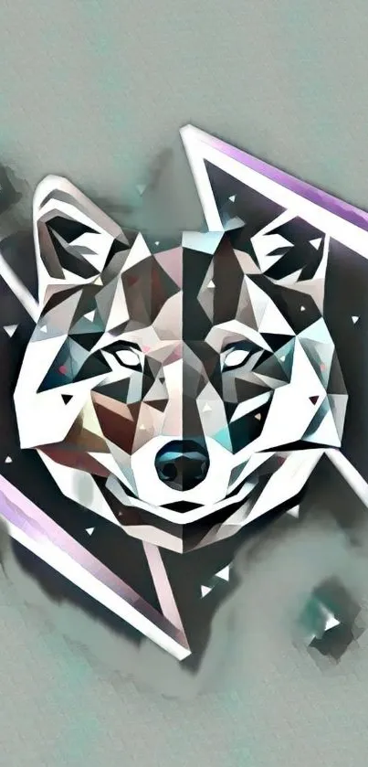 Geometric wolf head in low poly style on gray background.
