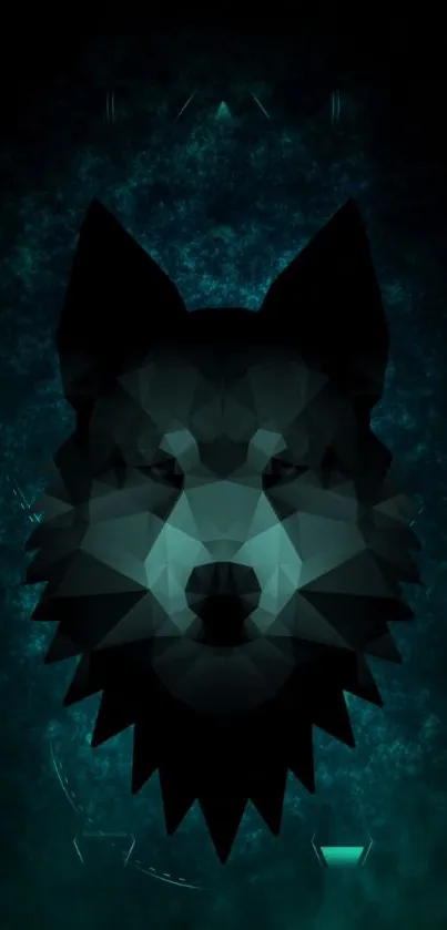 Abstract geometric wolf on dark teal background.