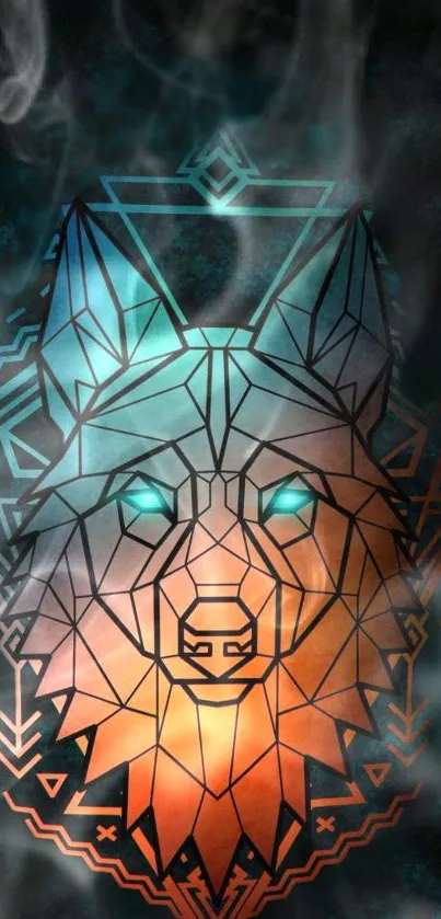 Geometric wolf artwork with abstract design and vibrant colors.