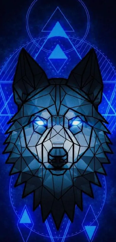 Geometric wolf with blue glow on abstract background.