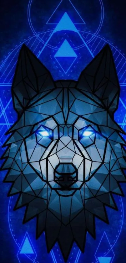 Geometric wolf with neon blue glow and abstract background design.