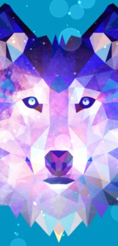 Geometric wolf illustration with blue and purple tones on a teal background.