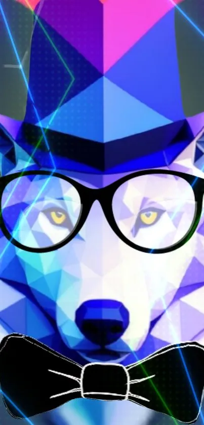 Geometric wolf wearing glasses with neon blue tones.