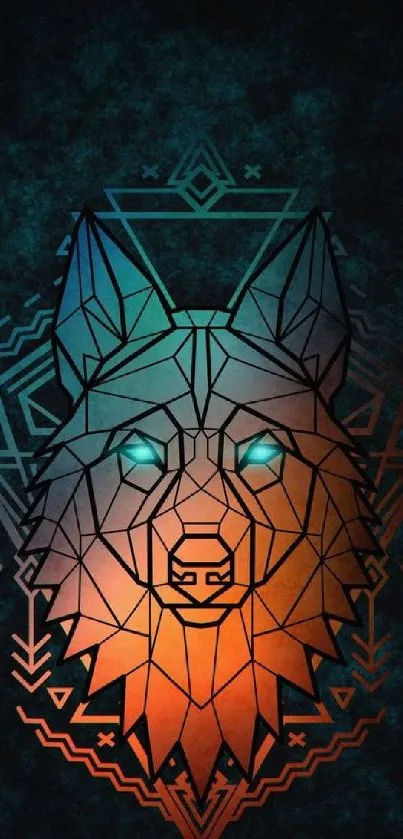 Colorful geometric wolf with tribal pattern wallpaper.