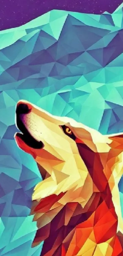 Geometric wolf with teal background and vibrant colors.