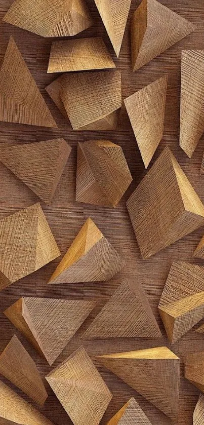 Geometric 3D wood texture wallpaper in brown tones.