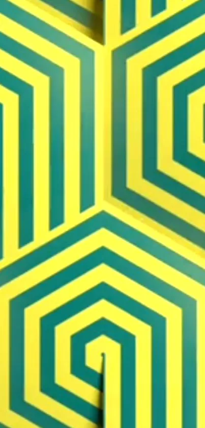 Yellow and teal geometric pattern wallpaper with bold spiral design.