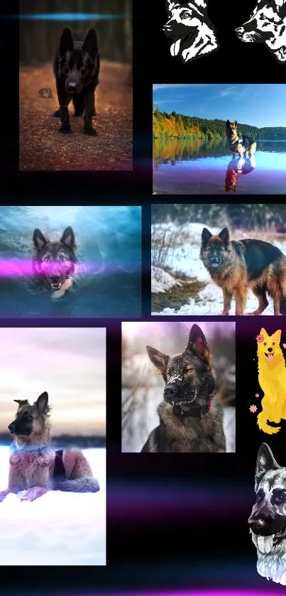 German Shepherds in nature and art wallpaper collage.