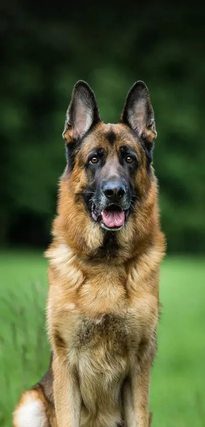 Majestic German Shepherd in green fields.