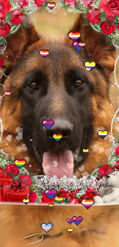 German Shepherd with floral and heart frame on a vibrant wallpaper.