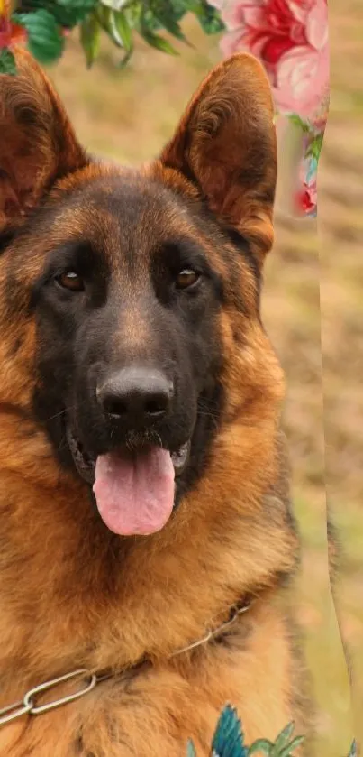 German Shepherd with playful floral border.