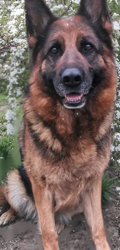 German Shepherd sitting among white flowers in a natural setting.