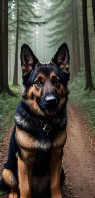 German Shepherd on a misty forest path.