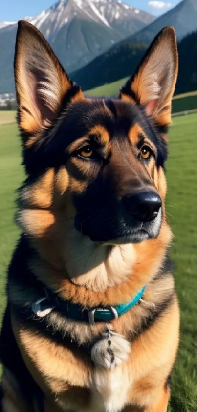 German Shepherd in a lush green meadow with mountain backdrop.