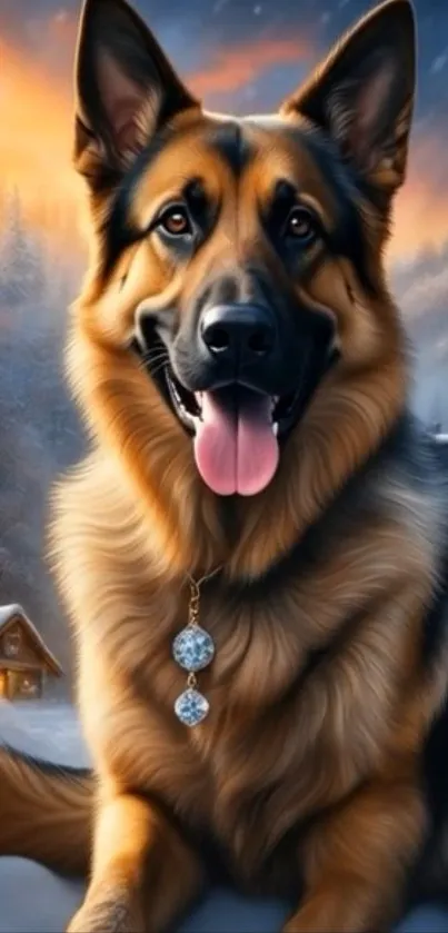 German Shepherd sitting in snowy landscape with glowing eyes and tongue out.