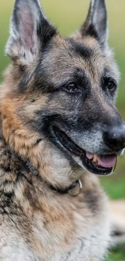 German Shepherd dog with grassy background.