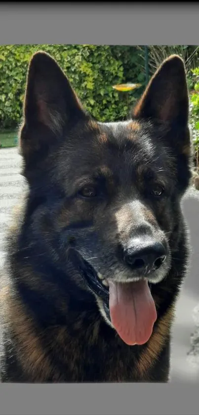 German Shepherd dog with green backdrop on phone wallpaper.