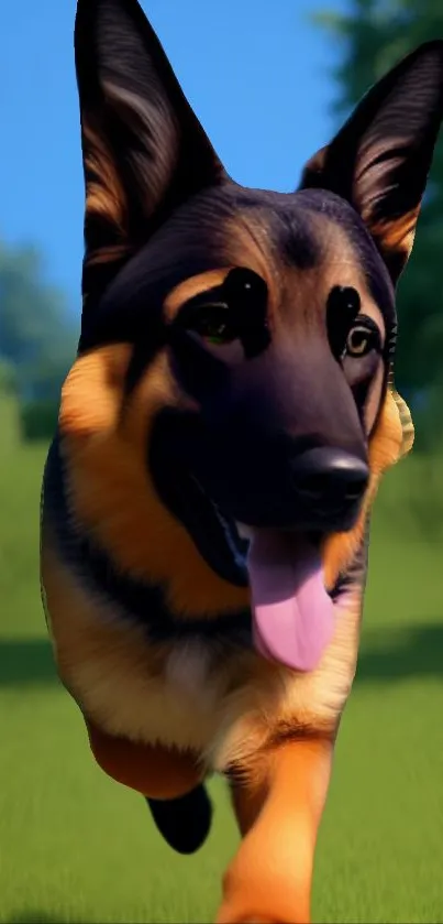 German Shepherd running in a green nature setting, showcasing its lively spirit.