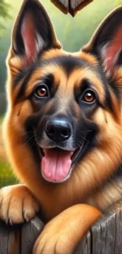 Happy German Shepherd in a lush garden