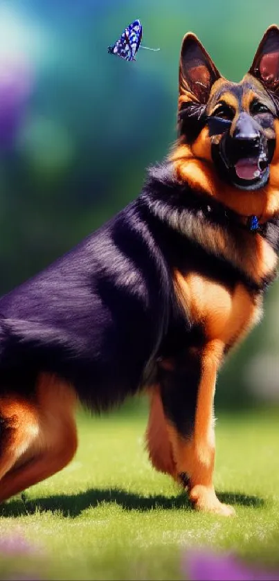 German Shepherd with butterfly against green garden backdrop.