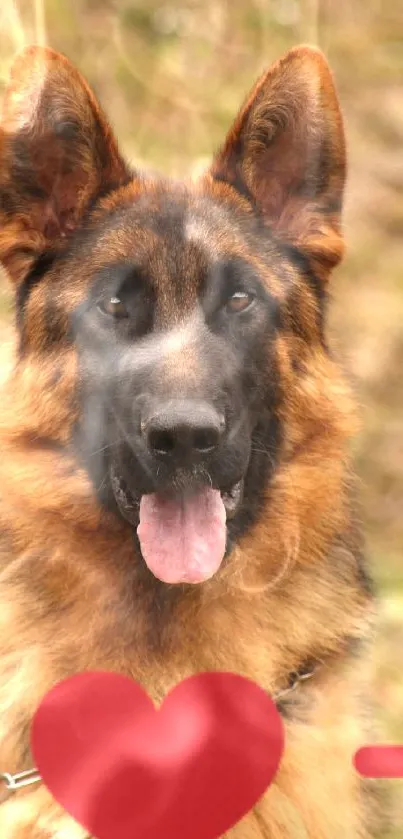 German Shepherd with a heart design on a mobile wallpaper background.