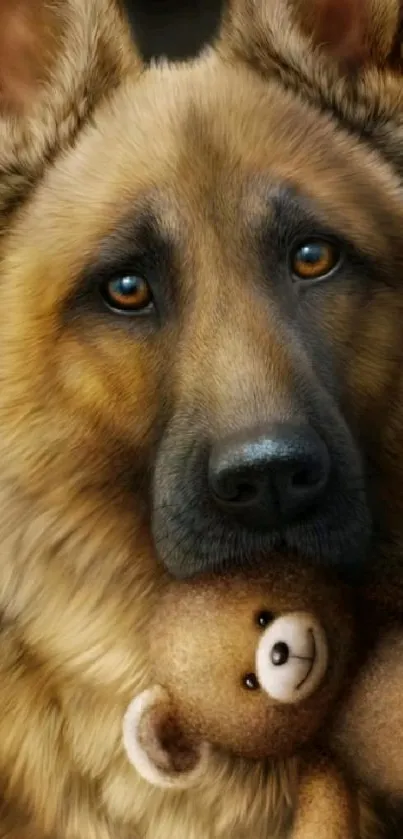 German Shepherd holding a teddy bear, showcasing adorable realism.