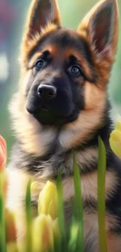 German Shepherd puppy with tulips in a vibrant, spring landscape.