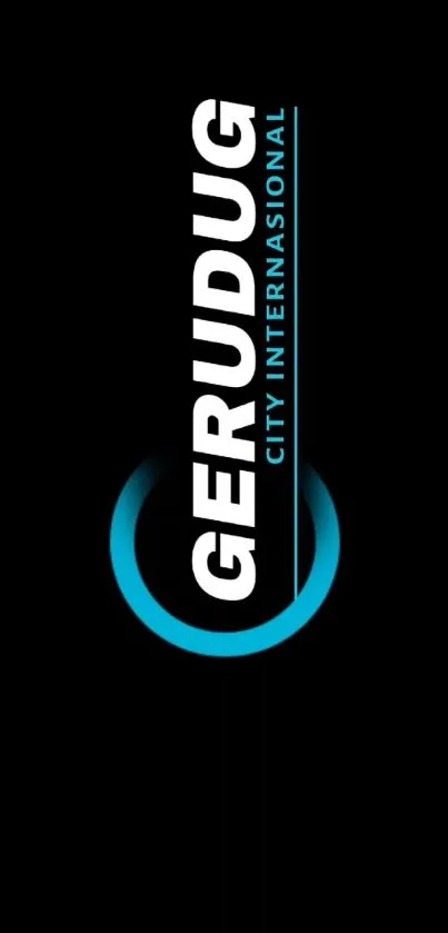 Gerudug City Internasional text on black wallpaper with blue accent circle.